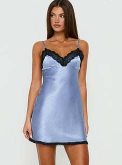 Viretta Satin Lace Trim Mini Dress Blue