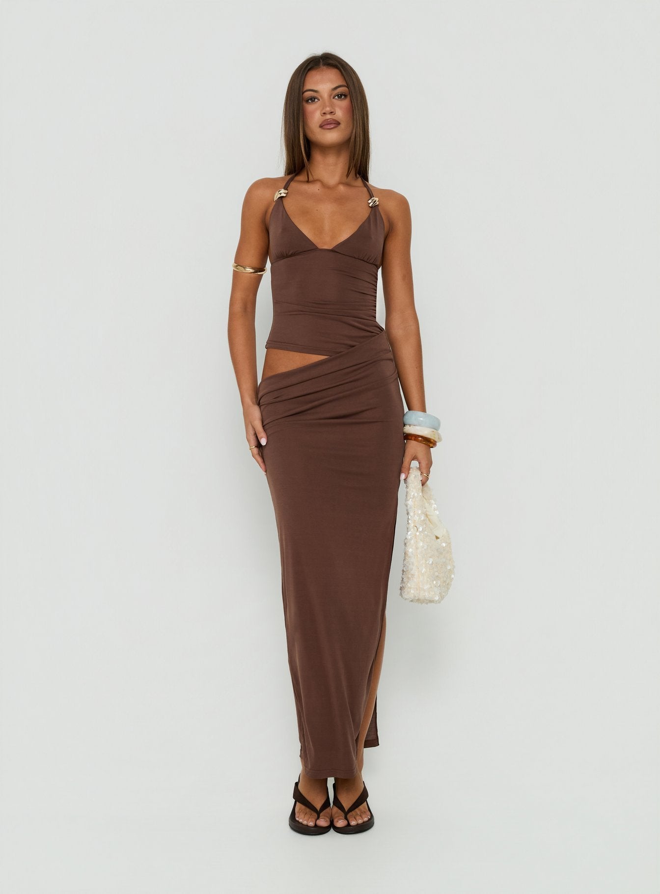 Imeraldia Hardware Halter Maxi Dress Chocolate