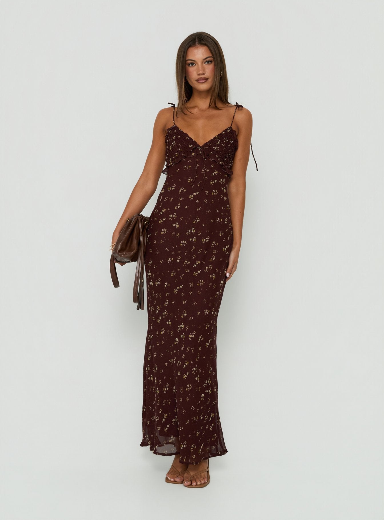 Morcar Frill V Neck Maxi Dress Brown / Yellow Floral