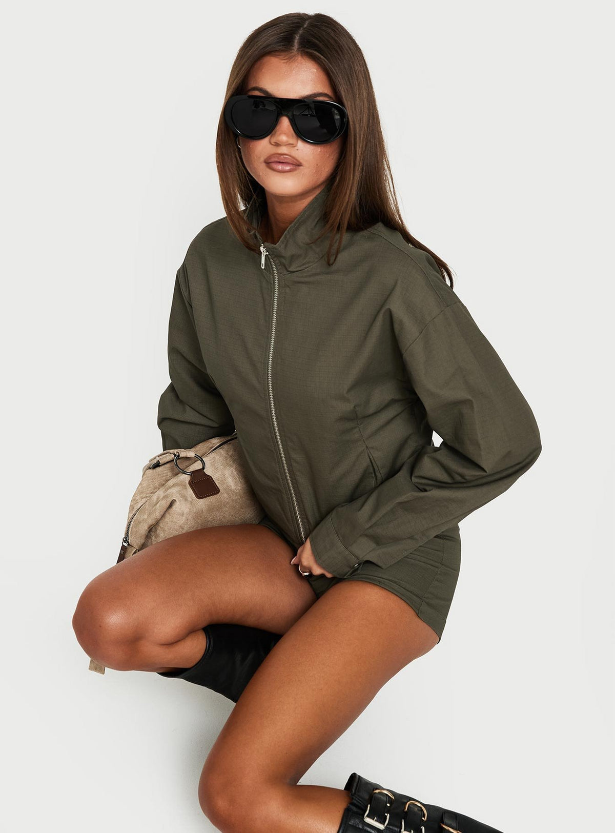 Avorie High Neck Cinched Jacket Khaki