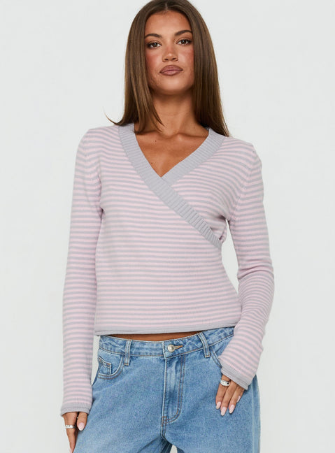Lulieta Wrap Detail Knit Sweater Pink / Grey Stripe