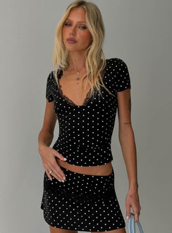 Amia Lace V Neck Top Black Polka Dot