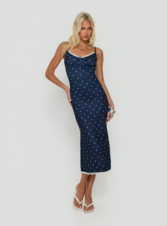 Delaney V Neck Frill Midi Dress Navy / White Polka