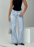 Low rise denim jeans, light wash denim Belt looped waist, zip & button fastening, classic five pocket design, wide leg Non-stretch material, unlined 