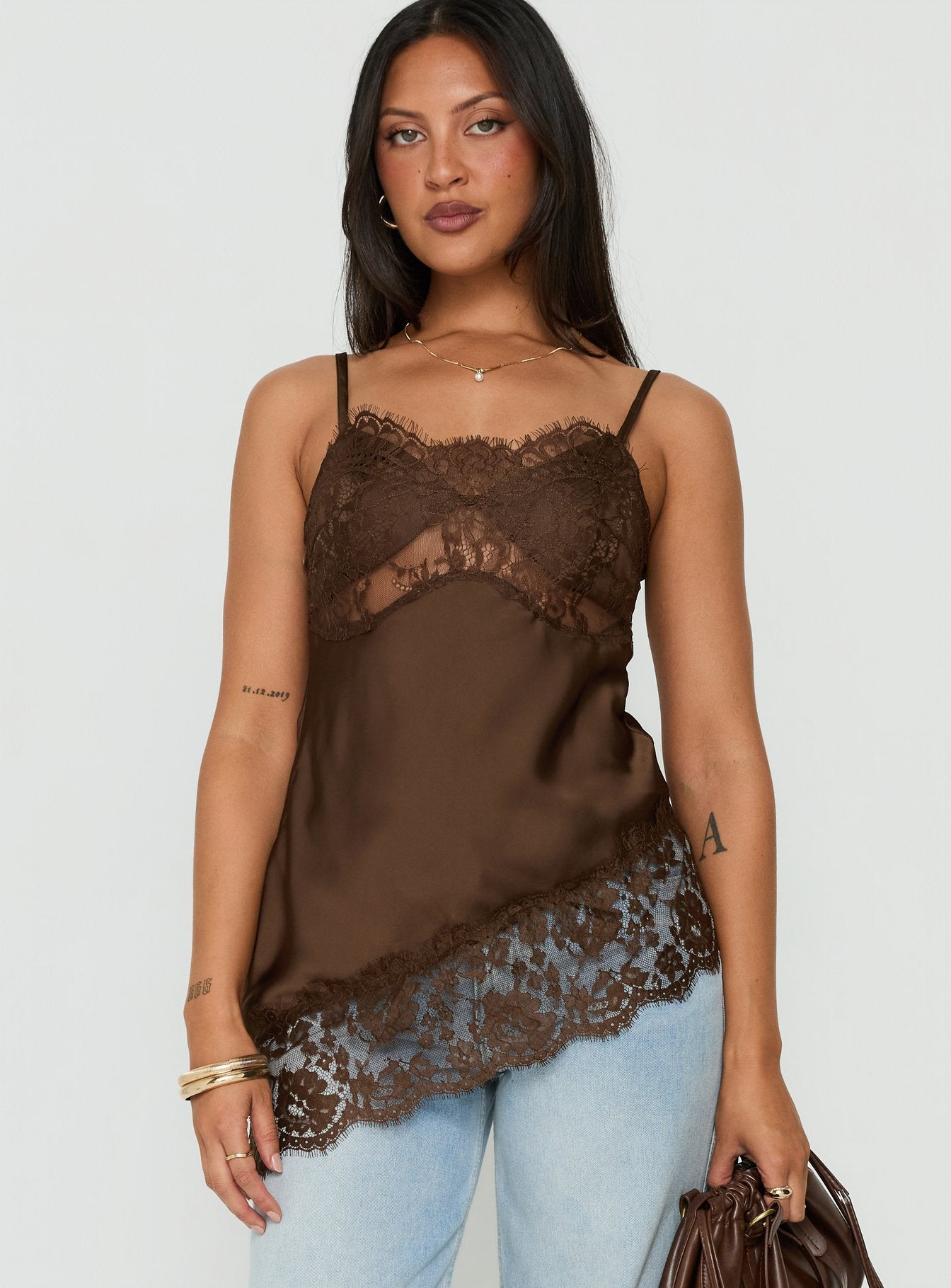 Cleosa Asymmetrical Lace Trim Satin Top Chocolate