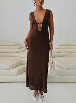 back view of model wearing Princess Polly Steward Maxi Dress Chocolate Petite Plunger 