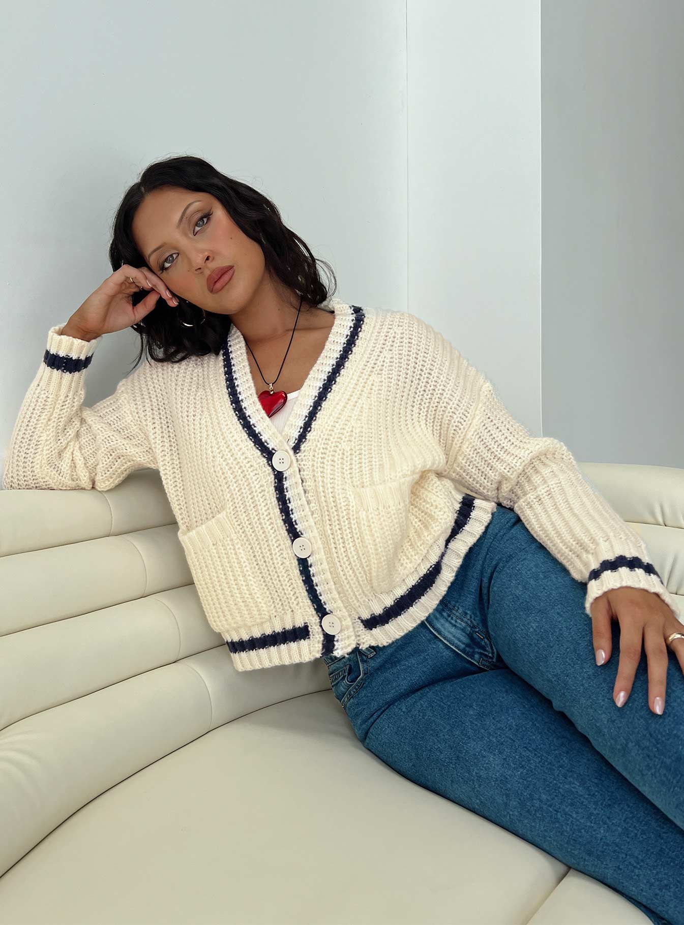 front view of model wearing Princess Polly Tavian Knit Cardigan Navy / Cream 