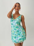 Floral print mini dress, mesh material V-neckline, fixed shoulder straps
