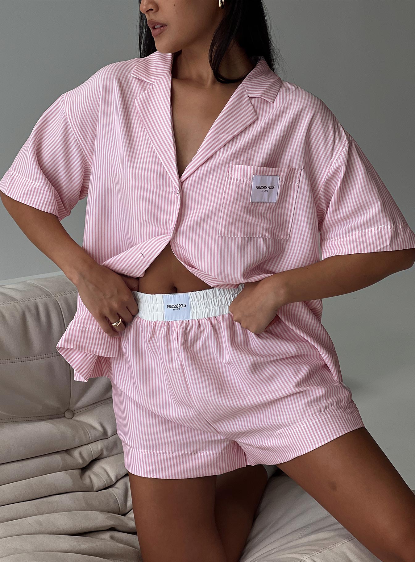 Early riser sleep shorts pink stripe