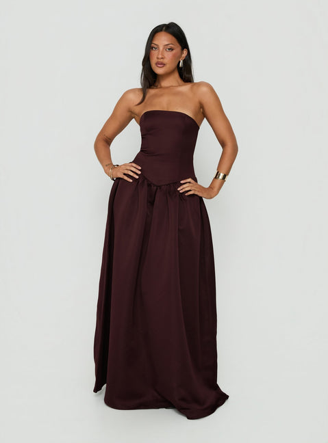 Soft Bloom Drop Waist Strapless Maxi Dress Chocolate
