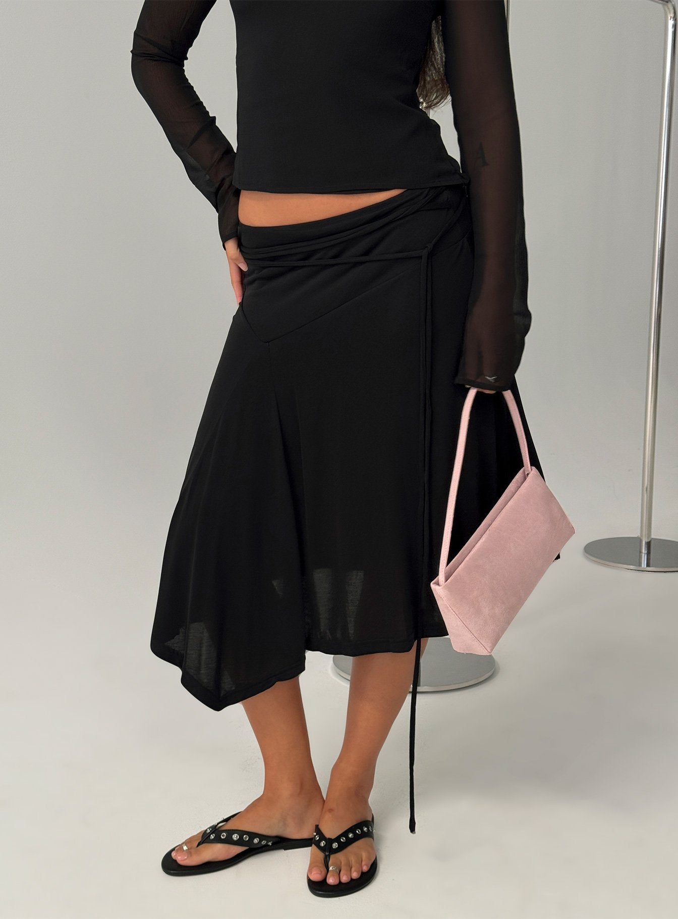 Joaney Tie Side Jersey Midi Skirt Black | Princess Polly