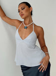 Halter neck top Tie fastening, v-neckline, invisible zip fastening at  back Non-stretch material, lined bust