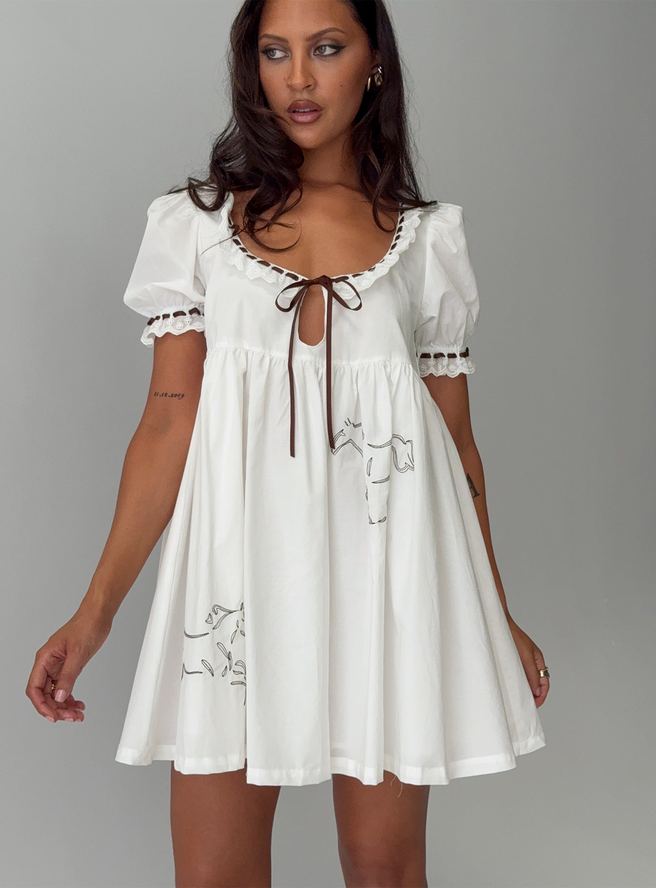 Cloudy Babydoll Contrast Trim Mini Dress White | Princess Polly