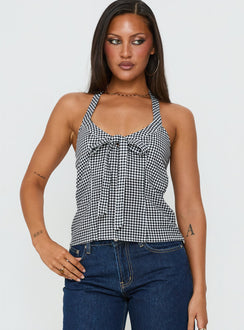 Puzzle Pieces Tie Detail Halter Top Black / White Gingham