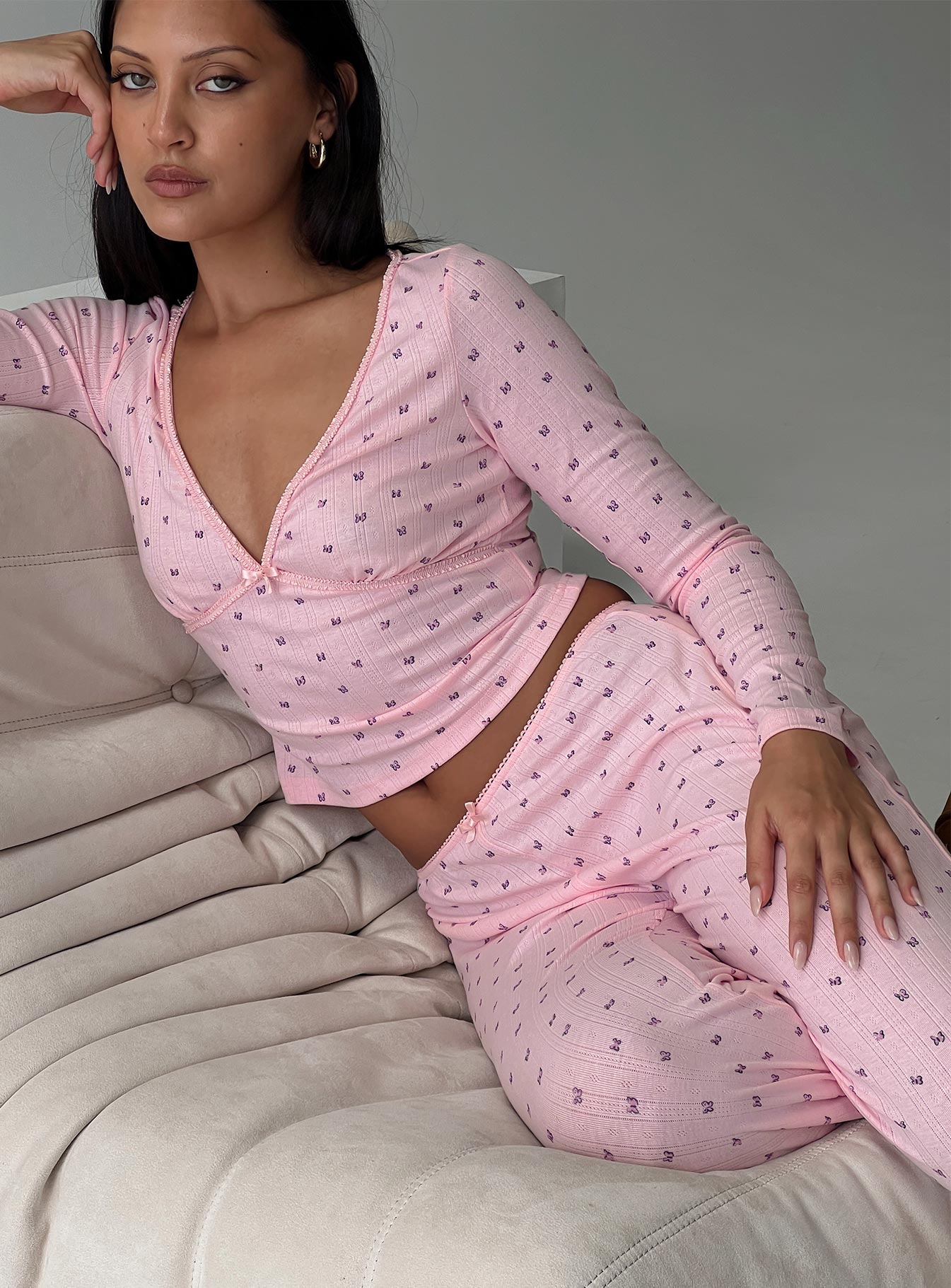 Pink Matching sleep set Butterfly print, v neckline, long sleeves, elasticated waistband