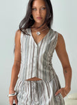 front view of model wearing Princess Polly Flutters Vest Top White / Blue Stripe Sleeveless V-Neck 