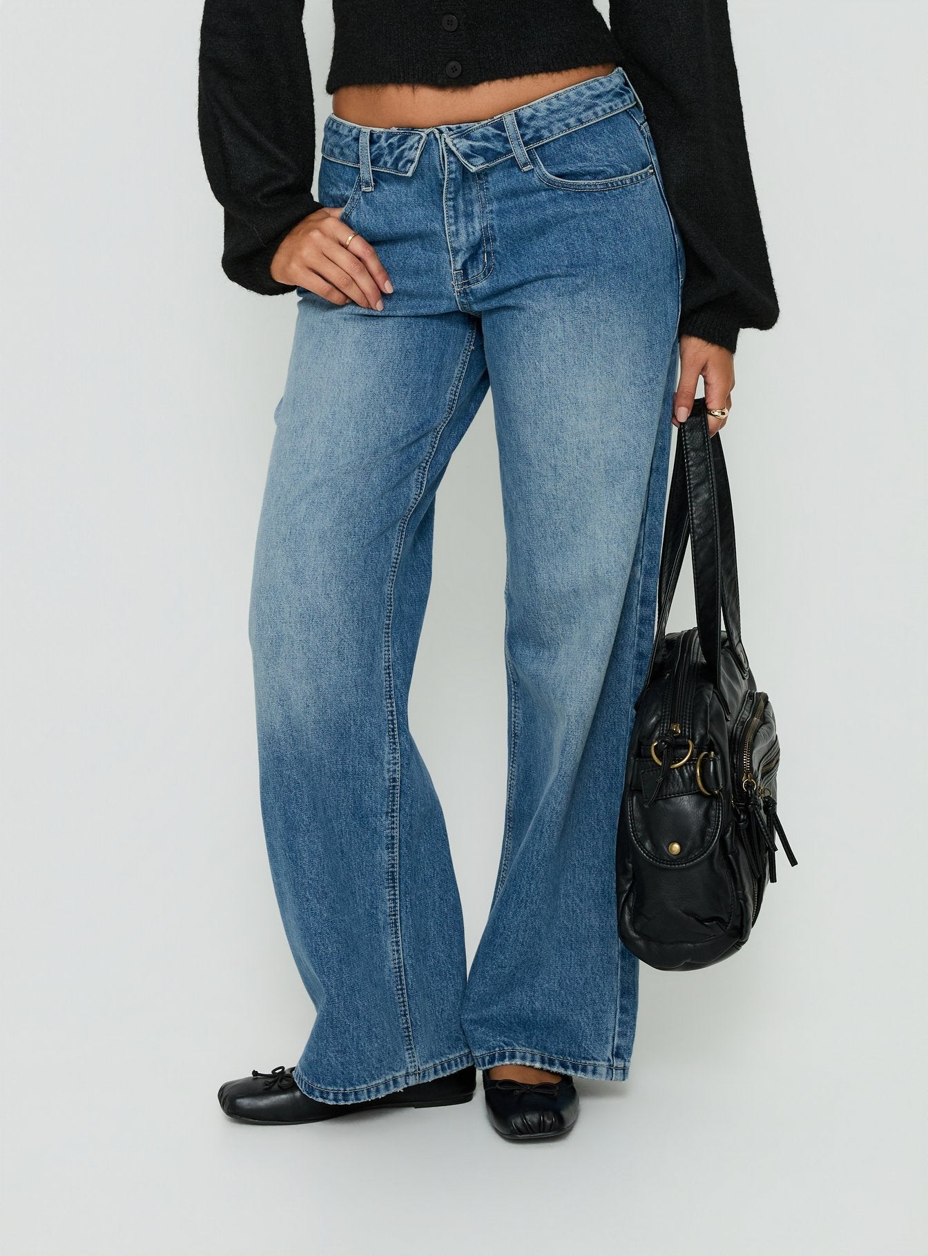 Serenitia Mid Rise Foldover Relaxed Jeans Vintage Mid Blue