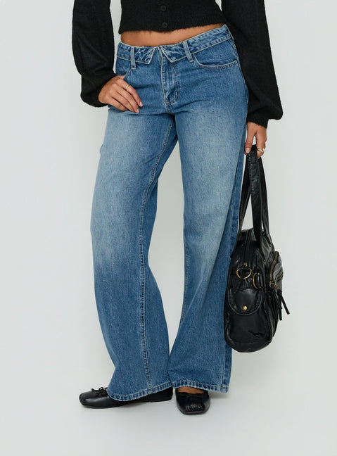 Serenitia Mid Rise Foldover Relaxed Jeans Vintage Mid Blue