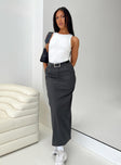 Tailored maxi skirt, high rise Belt looped waist, zip and clasp fastening, subtle pleats at waist, split at back Non-stretch material, unlined 