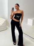 Matching set, ribbed knit material Strapless top, tie detail Low-rise pants, straight leg