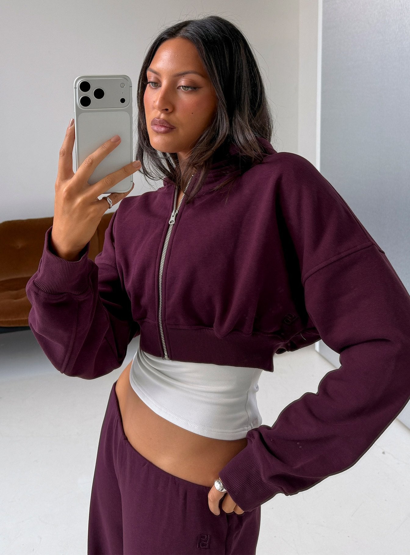 Lanna Fleece Zip Through Cropped Hoodie Plum