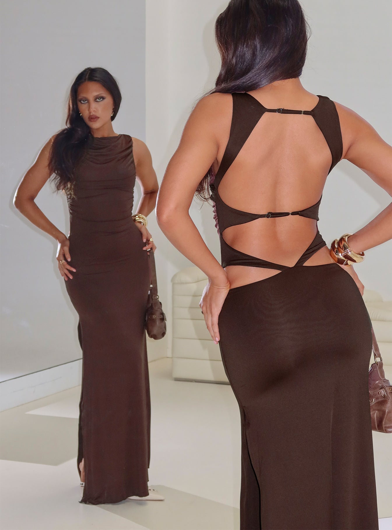 Undeniable Cut Out Maxi Dress Brown | Princess Polly Undeniable Cut Out Maxi Dress Brown | Princess Polly