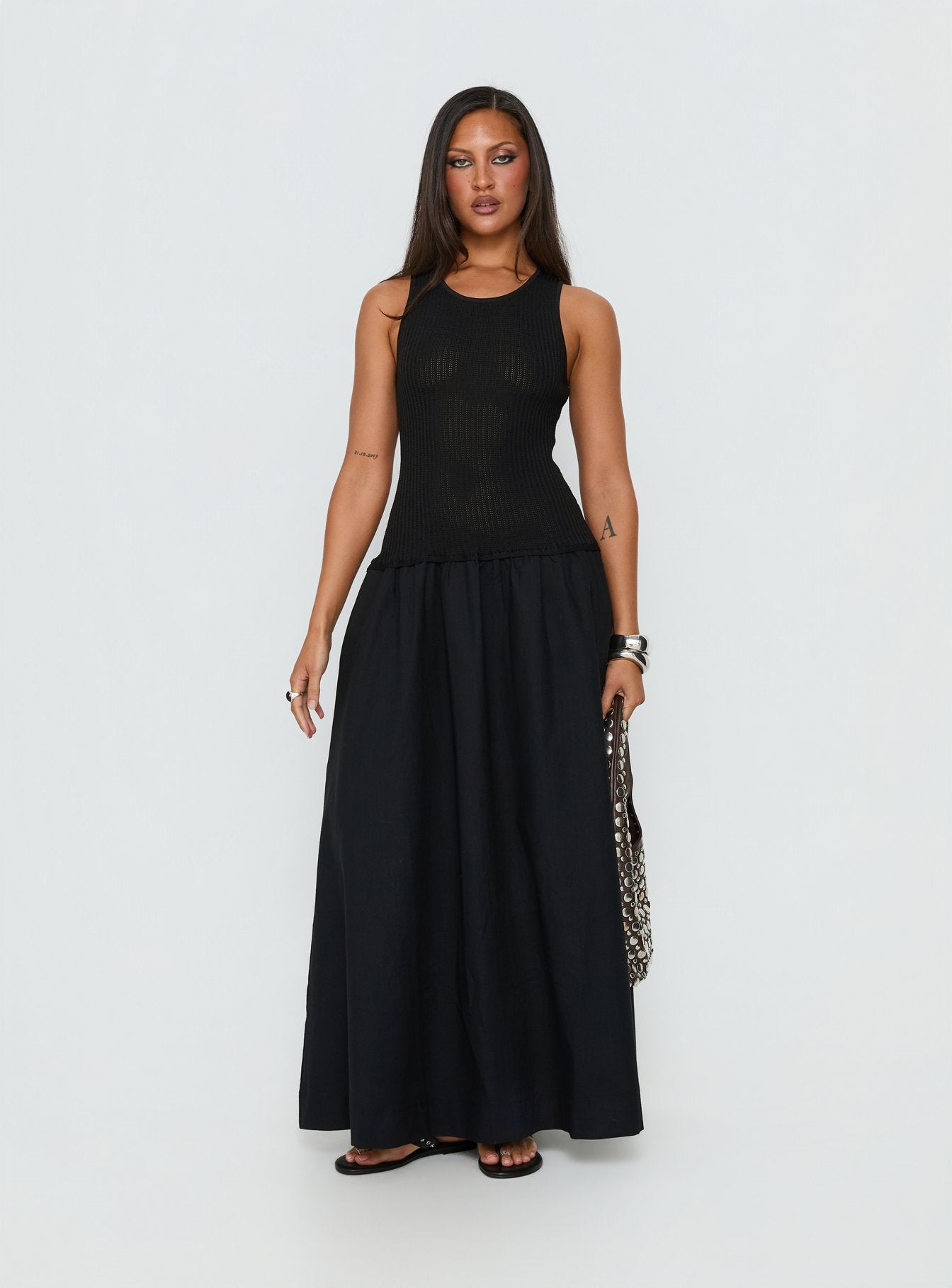 knee length dresses for ladies Carlene Shirred Drop Waist Maxi Dress Black