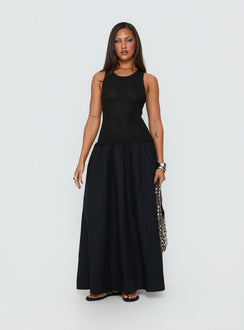 Carlene Shirred Drop Waist Maxi Dress Black