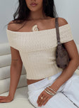 front view of model wearing Princess Polly Murmur Off Shoulder Top Beige Short Sleeves straight 