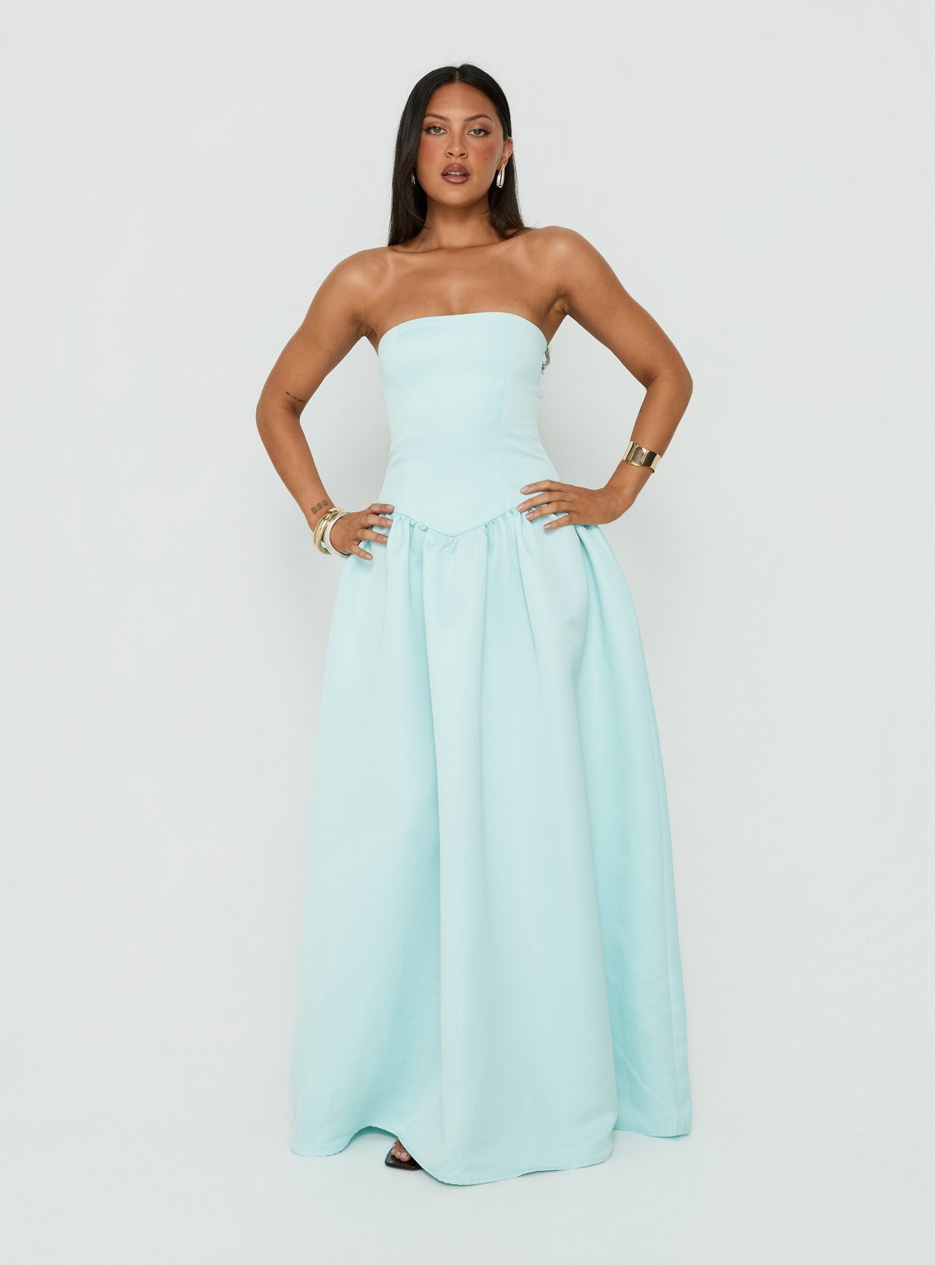 Soft Bloom Drop Waist Strapless Maxi Dress Blue