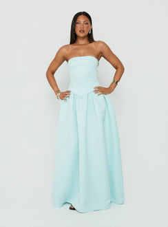 Soft Bloom Drop Waist Strapless Maxi Dress Blue