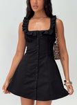 front view of model wearing Princess Polly Oliveah Frill Mini Dress Black Square Neck 