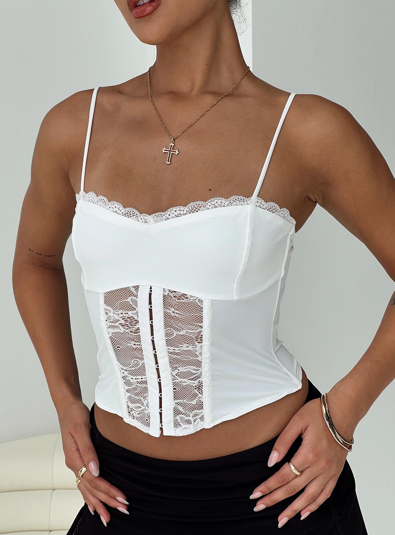 front view of model wearing Princess Polly Coletto Corset Top White Sleeveless Sweetheart 