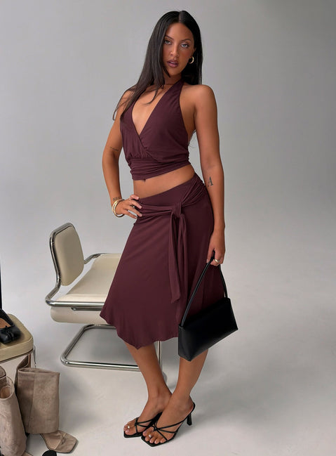 Soft Focus Tie Waist Midi Skirt Plum Noir