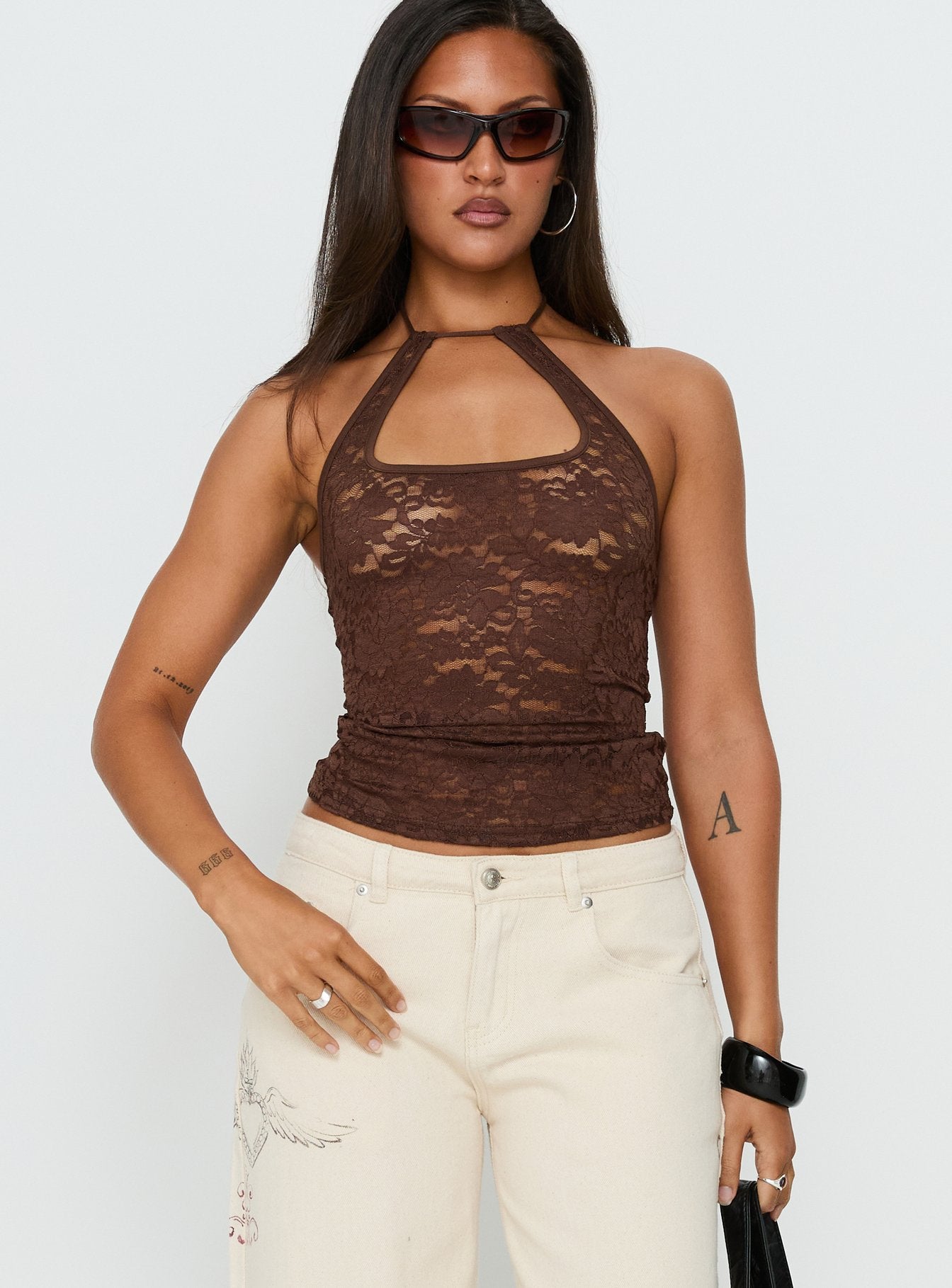 Janais Lace Tie Neck Top Chocolate | Princess Polly