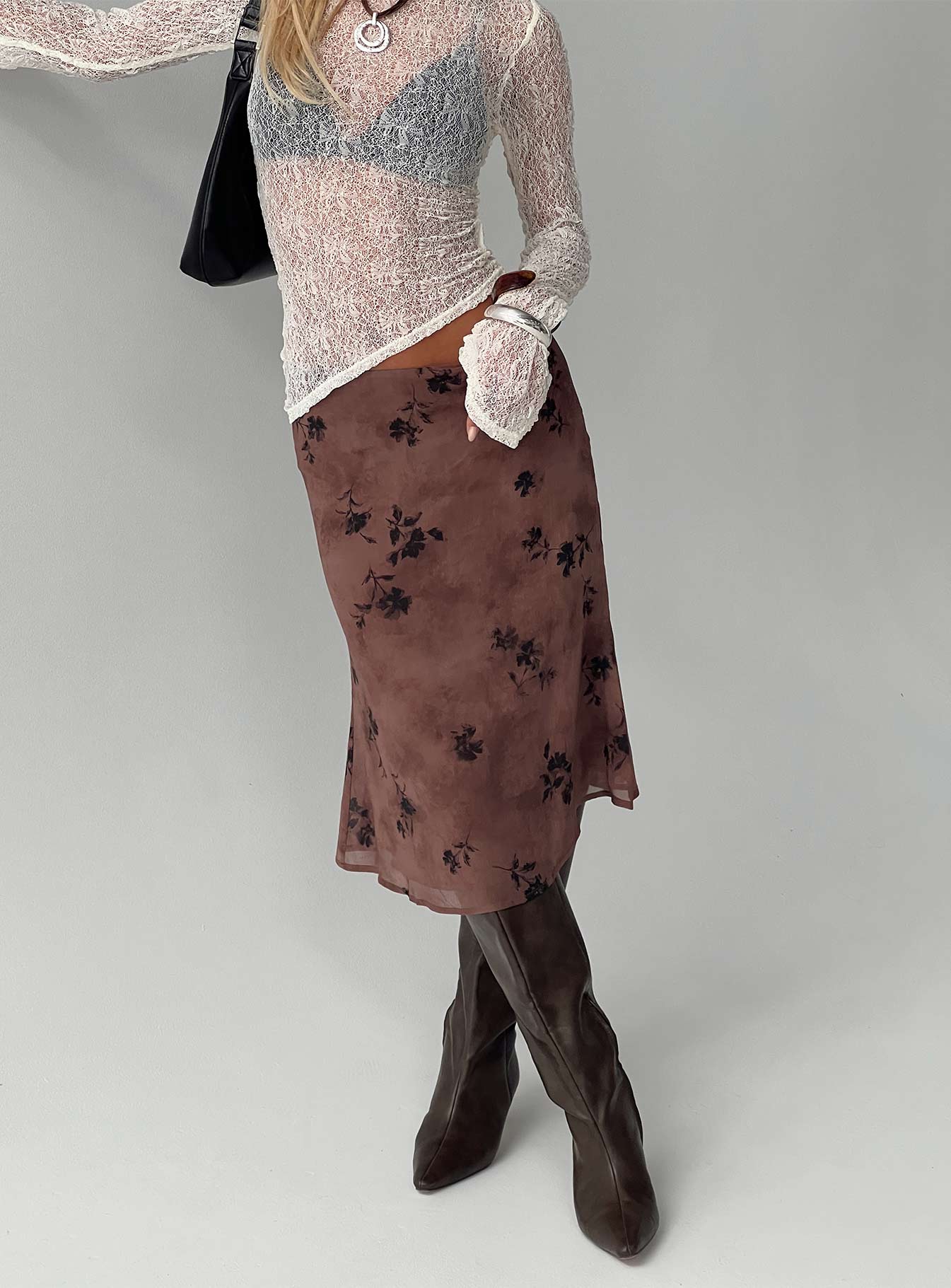   side view of model wearing Princess Polly Moses Midi Skirt Multi Midi Skirts 