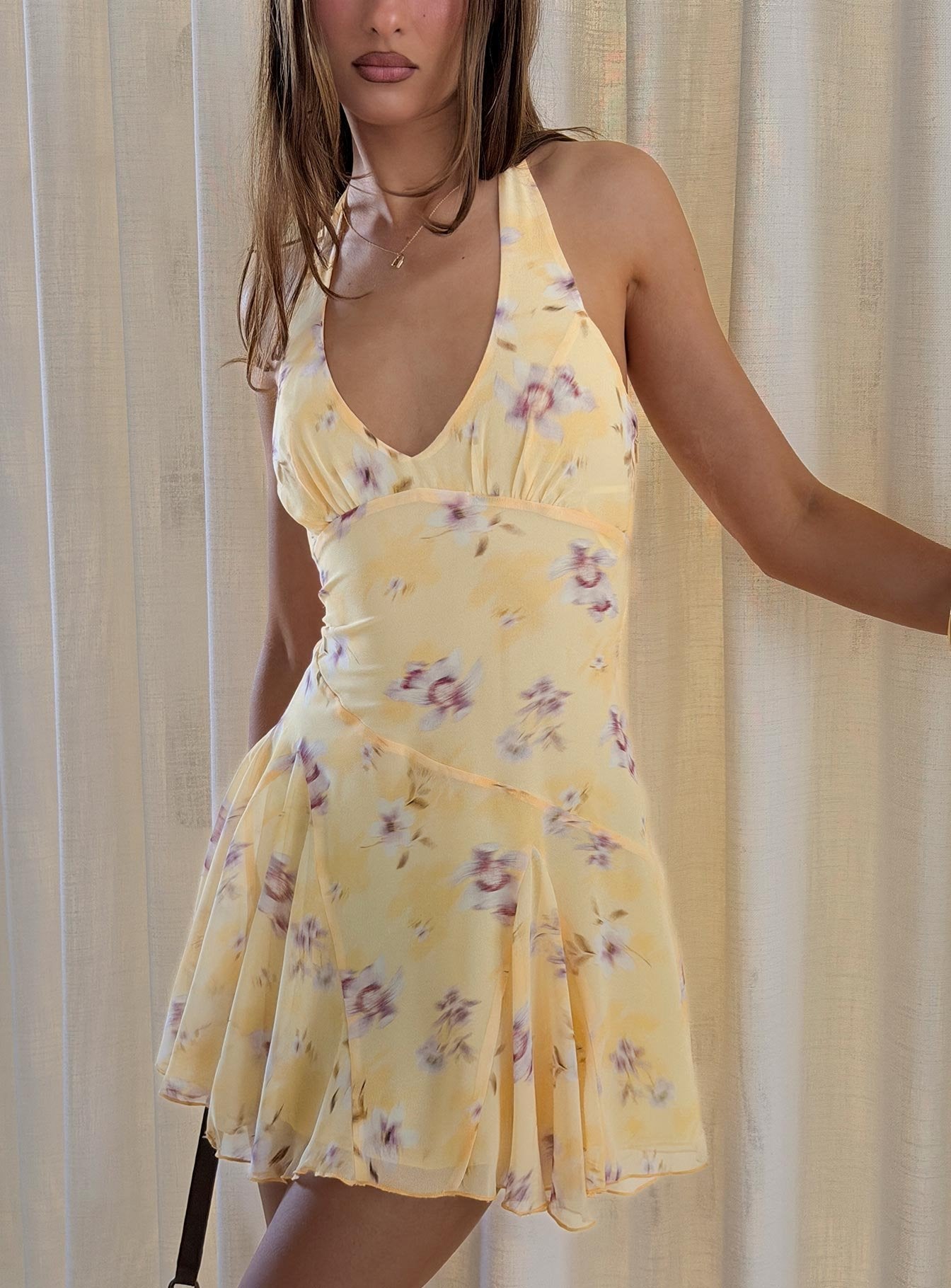 Isidorah Halter Pleat Mini Dress Blurred Yellow Floral