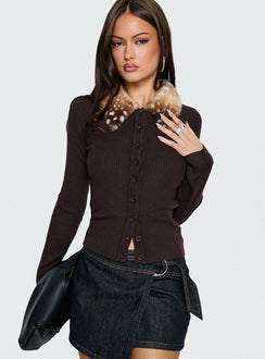 side view of model wearing Princess Polly Chiqueeta Faux Fur Trim Knit Cardigan Brown 