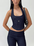 front view of model wearing Princess Polly Nasya Halter Top Indigo Sleeveless Scoop Neck 