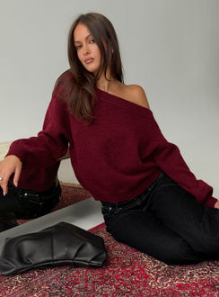 front view of model wearing Princess Polly Noble Off The Shoulder Sweater Red Cropped Jumpers 