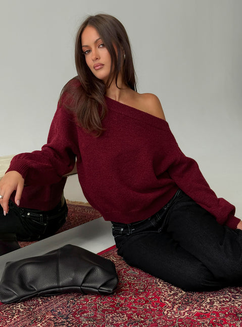 front view of model wearing Princess Polly Noble Off The Shoulder Sweater Red Cropped Jumpers 