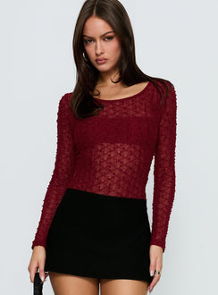 back view of model wearing Princess Polly Harly Sheer Long Sleeve Bodysuit Red Long Sleeve Tops 
