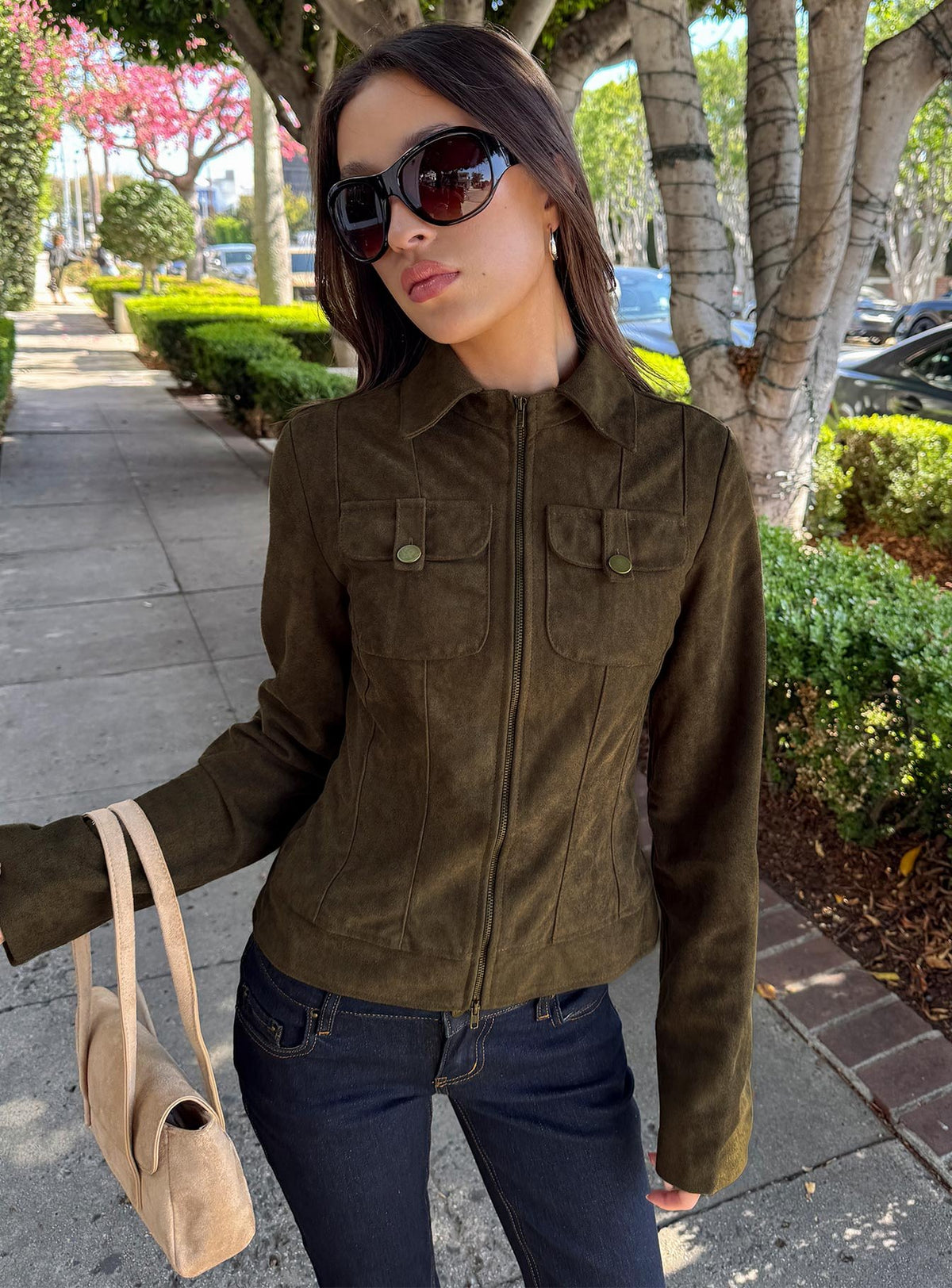 Kelehan Long Sleeve Faux Suede Zip Front Jacket Khaki