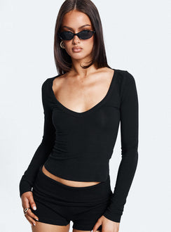 front view of model wearing Princess Polly Count Me In Long Sleeve Top Black Full Sleeves V-Neck 