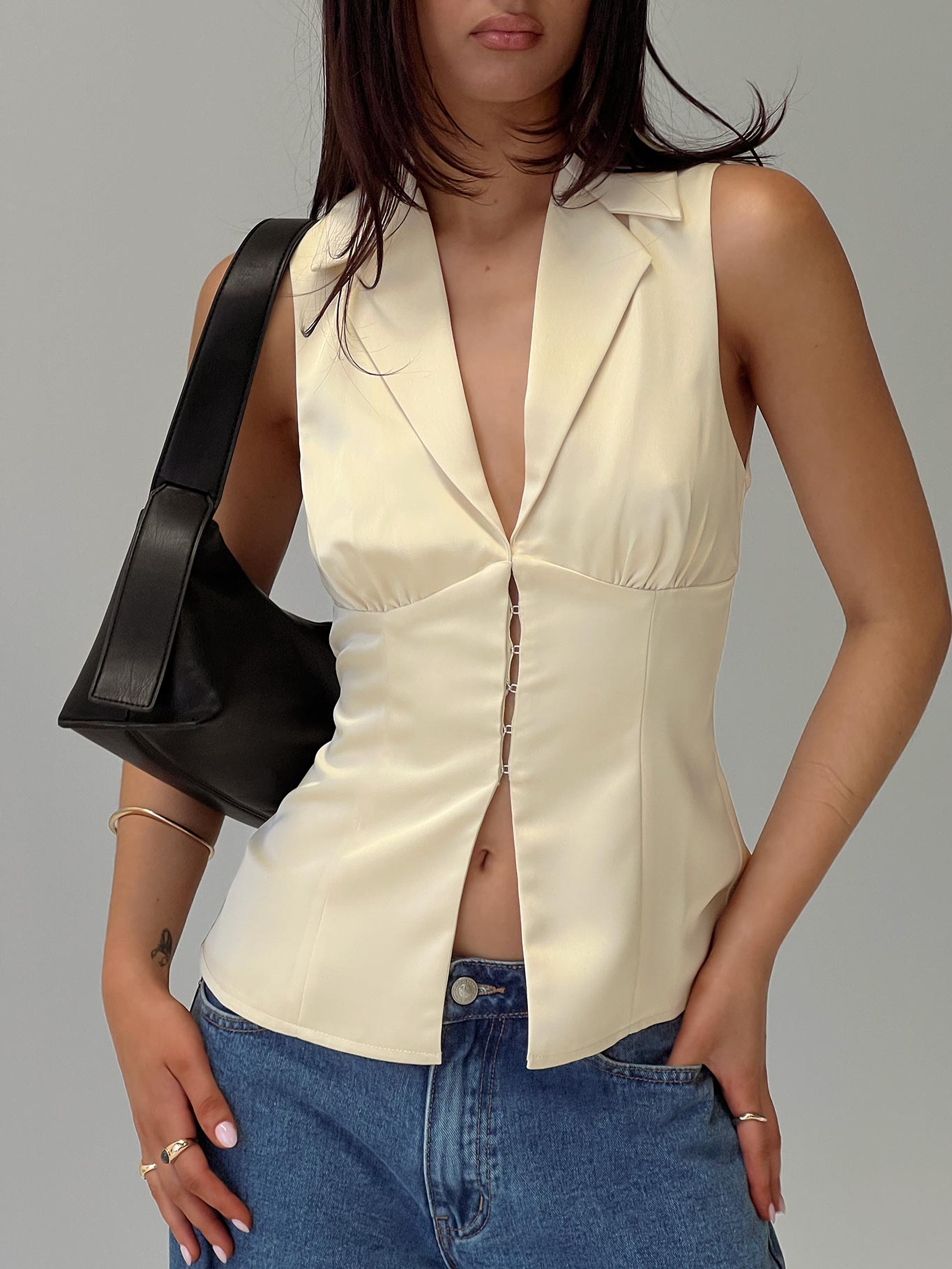 front view of model wearing Princess Polly My Truth Satin Top Cream Sleeveless Plunger 