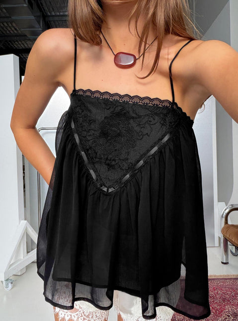 Evaina Lace Trim Flowy Top Black