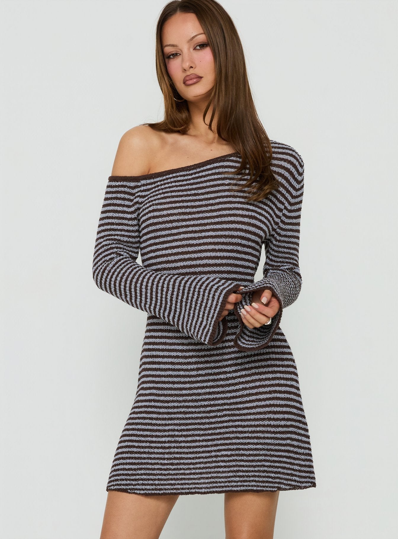 Katileya Off Shoulder Long Sleeve Mini Dress Brown / Blue Stripe