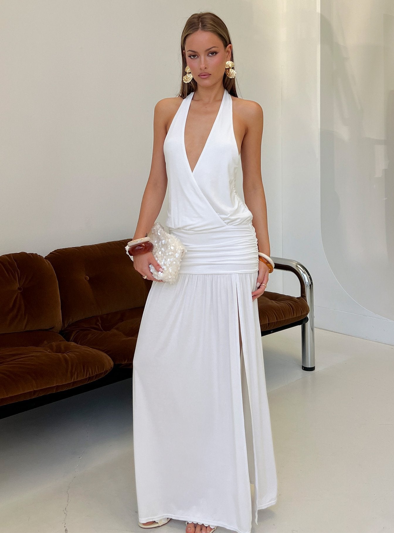 satin halter dress white Casanova Halter Wrap Maxi Dress White