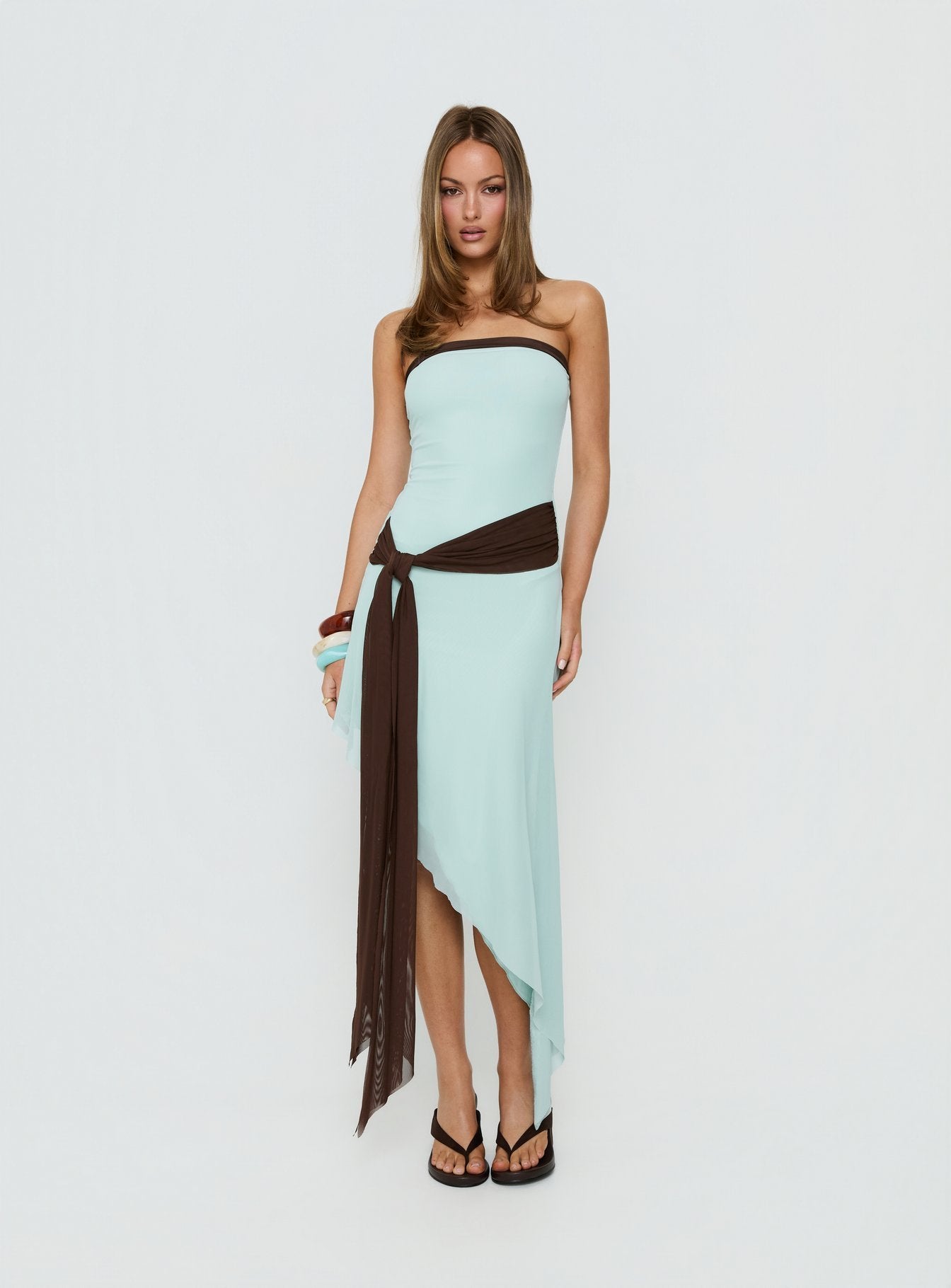 Esperina Strapless Asymmetrical Midi Dress Jelly Mint / Brown | Princess Polly Esperina Strapless Asymmetrical Midi Dress Jelly Mint / Brown | Princess Polly