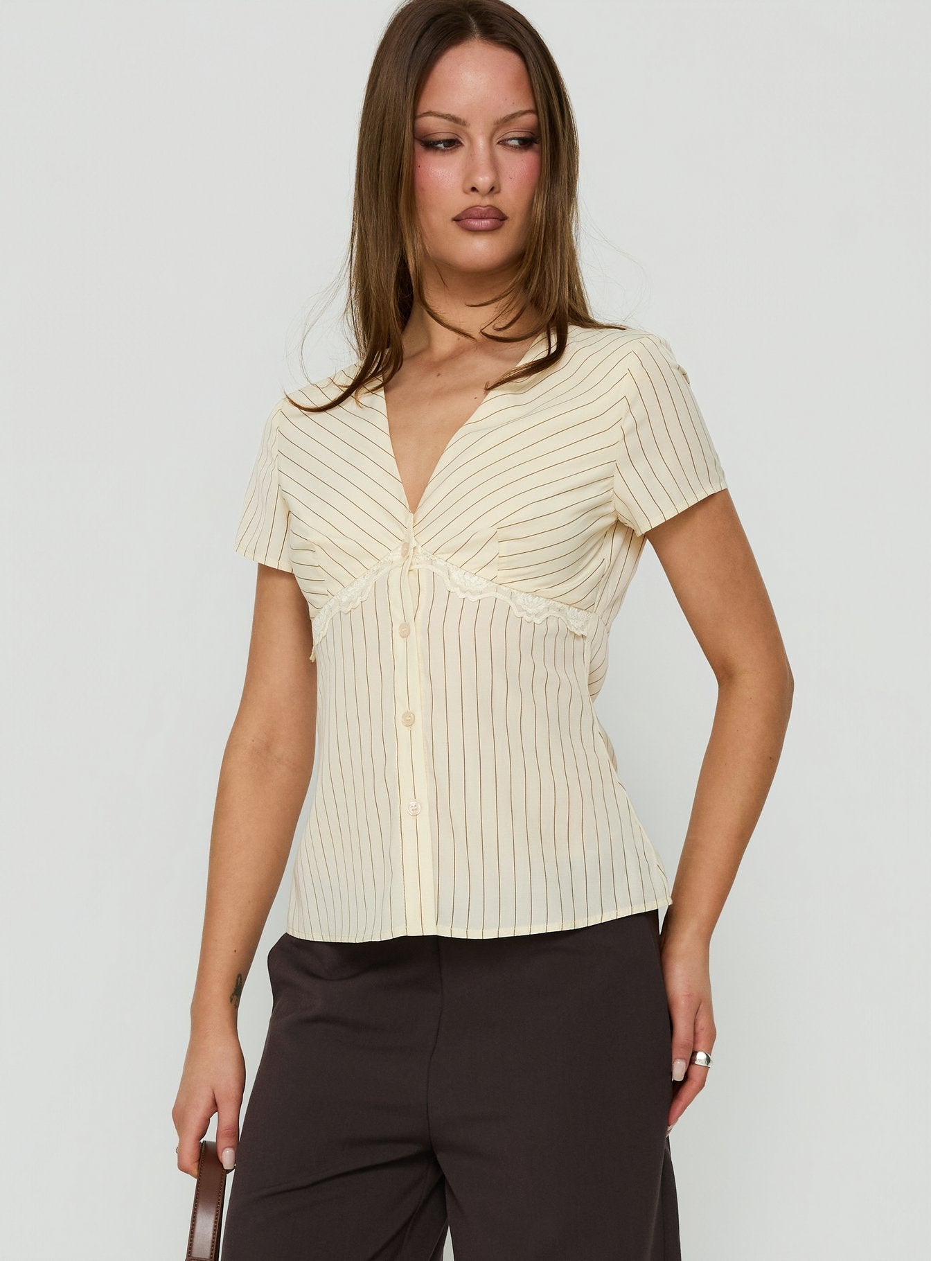 Maybella Short Sleeve Lace Detail Top Cream Stripe